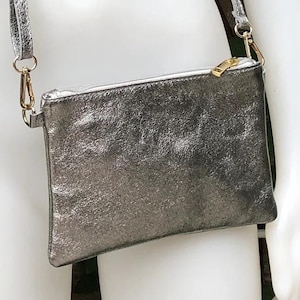 Small leather bag in METALLIC SILVER .Cross body, shoulder bag or wristlet in GENUINE leather. Silver leather purse + adjustable strap