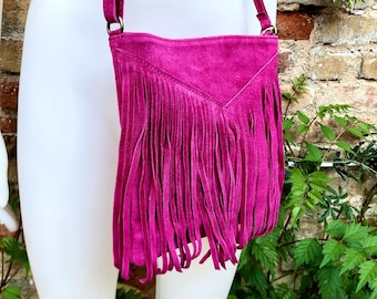 FUCHSIA crossbody fringed bag. Hot pink BOHO suede leather bag with FRINGES. Magenta soft genuine suede leather. Hot pink suede purse.