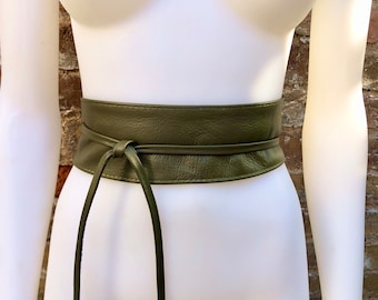 Khaki green wrap belt in soft leather. LONGER option. Waist, dress or wraparound belt in dark green genuine leather. Boho green obi belt.