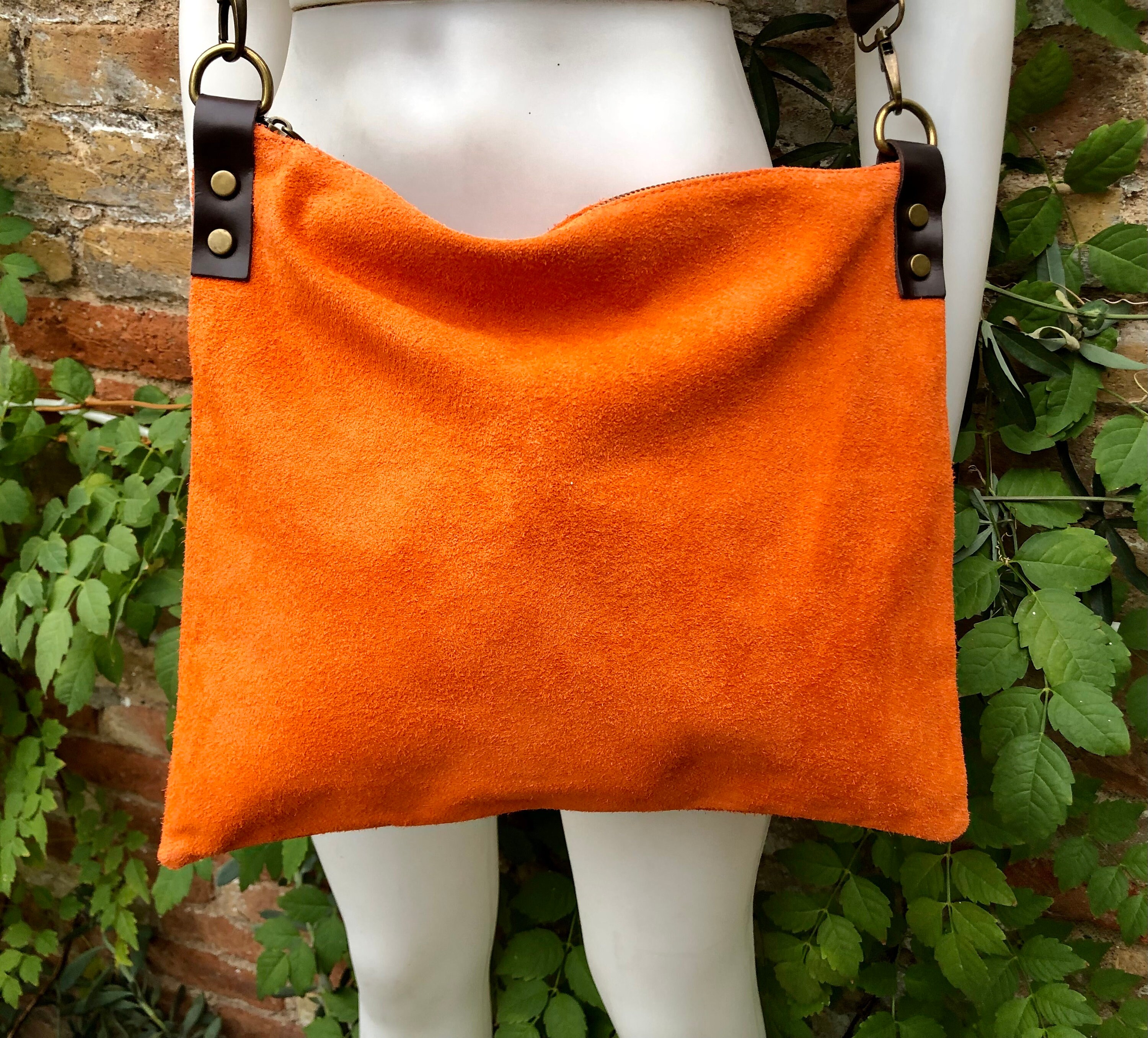 ORANGE Suede Messenger Bag With Brown Strap. Soft Genuine Leather Crossbody Shoulder Bag .or Books Tablets. ORANGE Suede Purse Etsy UK