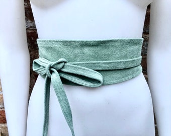 Mint green suede OBI belt. Light green natural soft suede waist belt. Light mint green boho belt, green wraparound genuine leather belt.