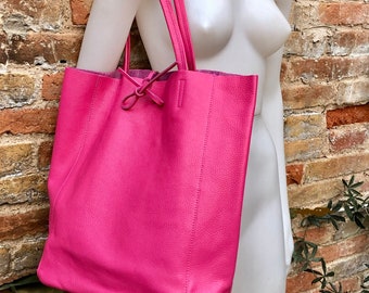 Tote leather bag in fuchsia pink. Soft natural GENUINE leather bag. Large hot pink leather shopper bag, Laptop bag.Hot pink purse