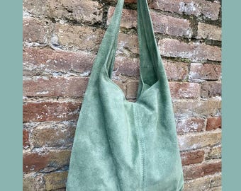 Large tote leather bag in sage GREEN. Slouch leather bag with ZIPPER. Leather shopper,  laptop bag in suede leather bag. GREEN suede purse.