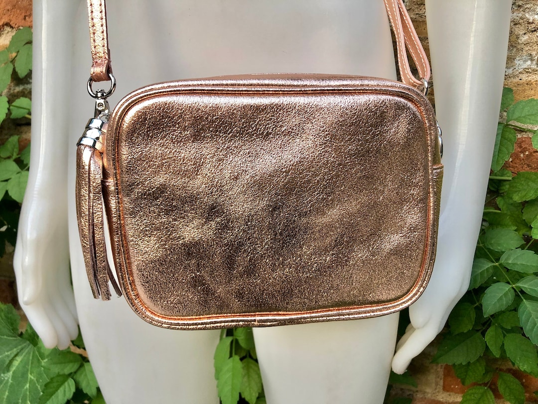 Small Leather Bag in Pink Gold. Cross Body Bag, Shoulder Bag in GENUINE