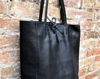 BLACK leather bag  with zipper. Genuine leather shopper bag. Large BLACK shoulder bag for your laptop, books
