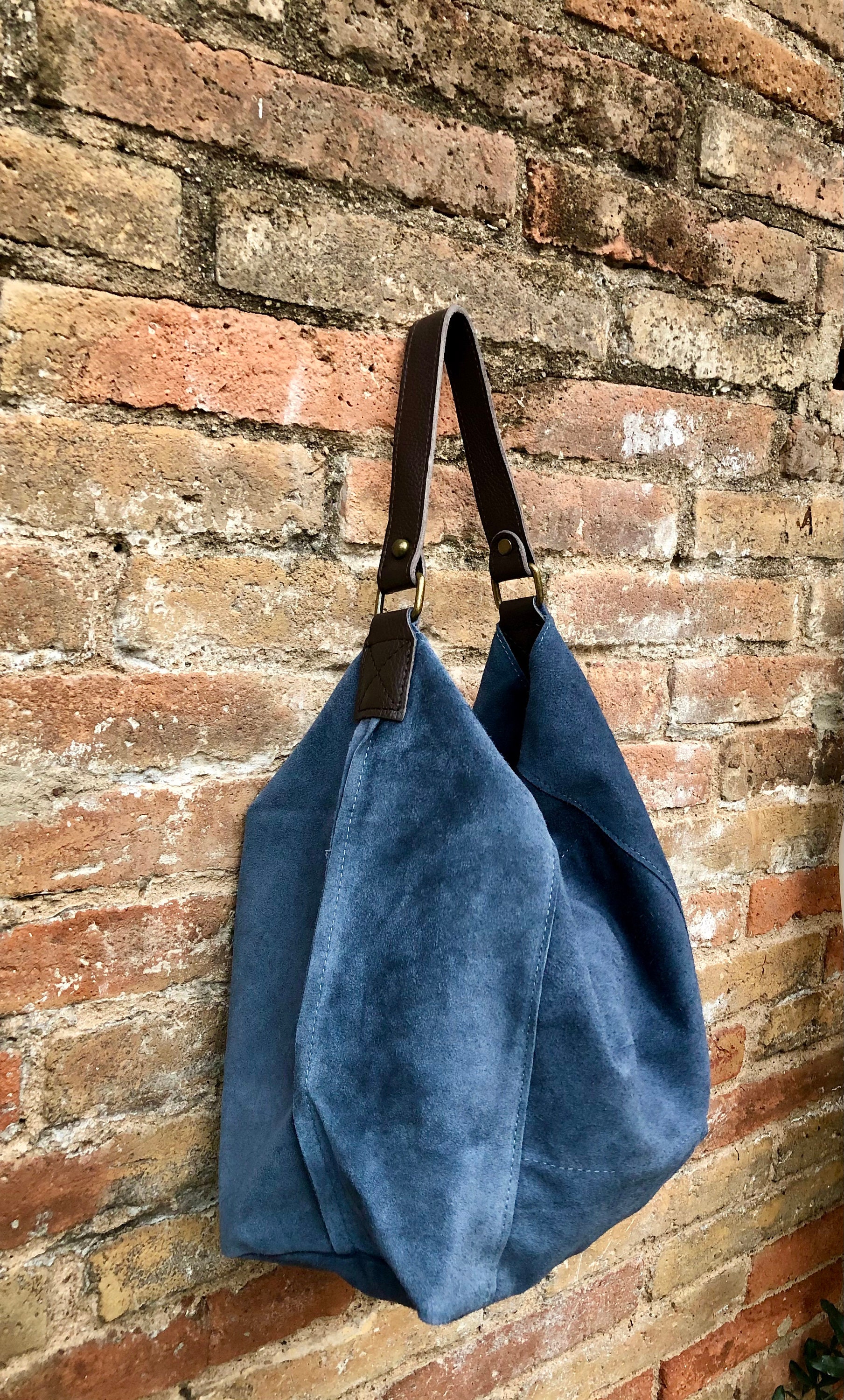 Slouch bag.Large TOTE leather bag in NAVY blue. Soft natural suede genuine  leather bag. Bohemian bag. NAVY suede bag.