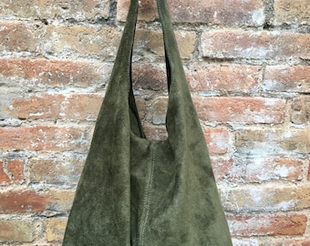 Green slouch bag. Large TOTE leather bag in dark green with zipper. Soft suede leather shopper. Boho carry all bag. Book or laptop bag