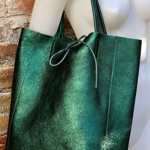 Tote leather bag in metallic green. GENUINE leather shopper. Large carry all bag for your laptop, books. Dark green large leather purse
