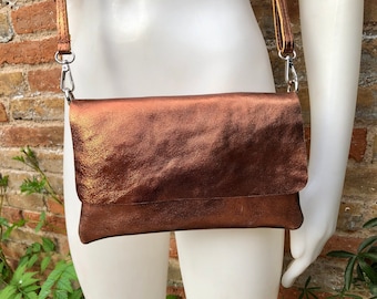 Small leather bag in COPPER. Cross body bag, shoulder bag in GENUINE  leather. Metallic shine bag with adjustable strap, zipper and flap.