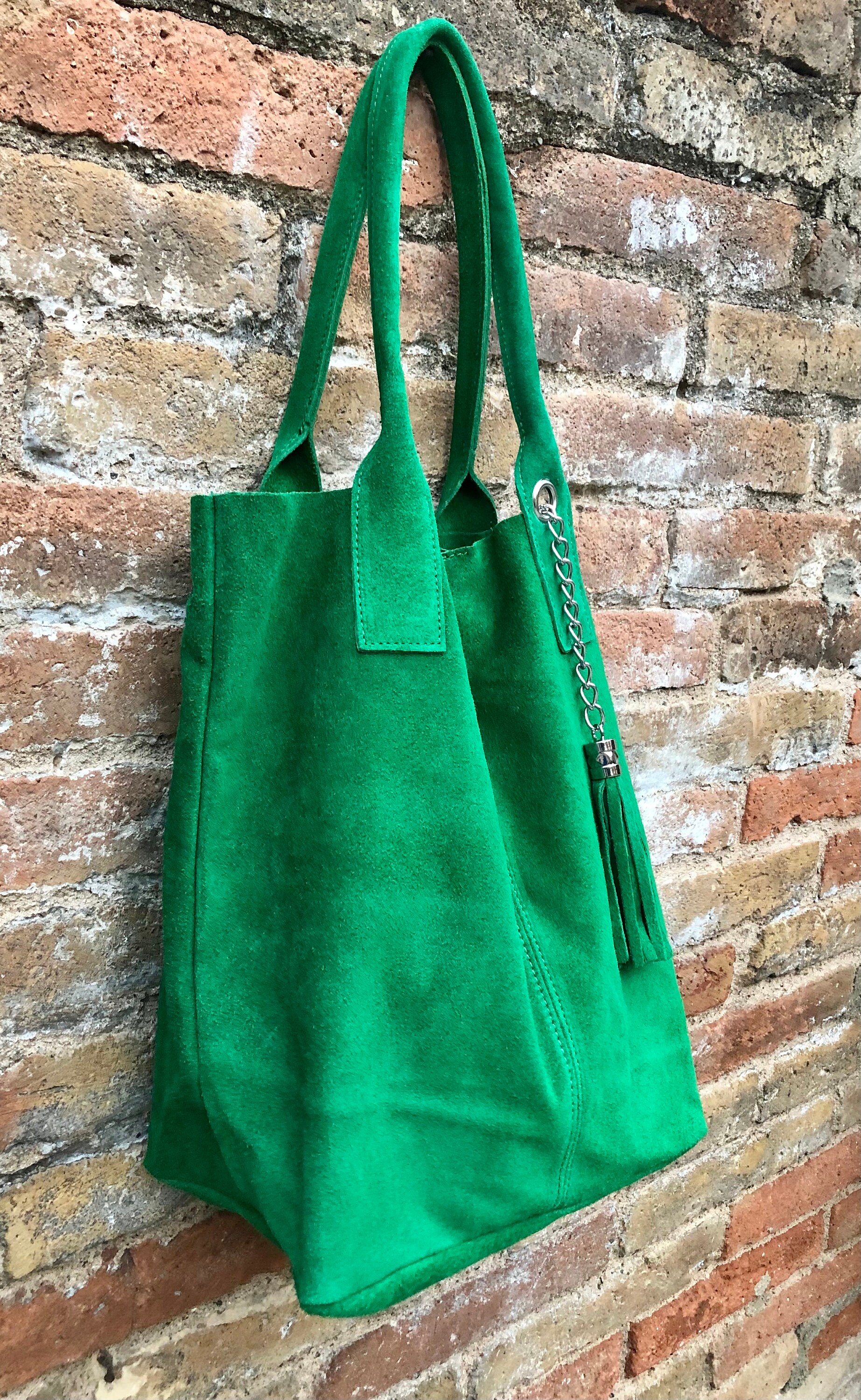 Suede Shoulder Bag Green Leather Shopper Bag Slouch Bag 