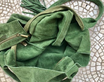 Moss GREEN Leather Shopper Bag in Genuine Natural Suede