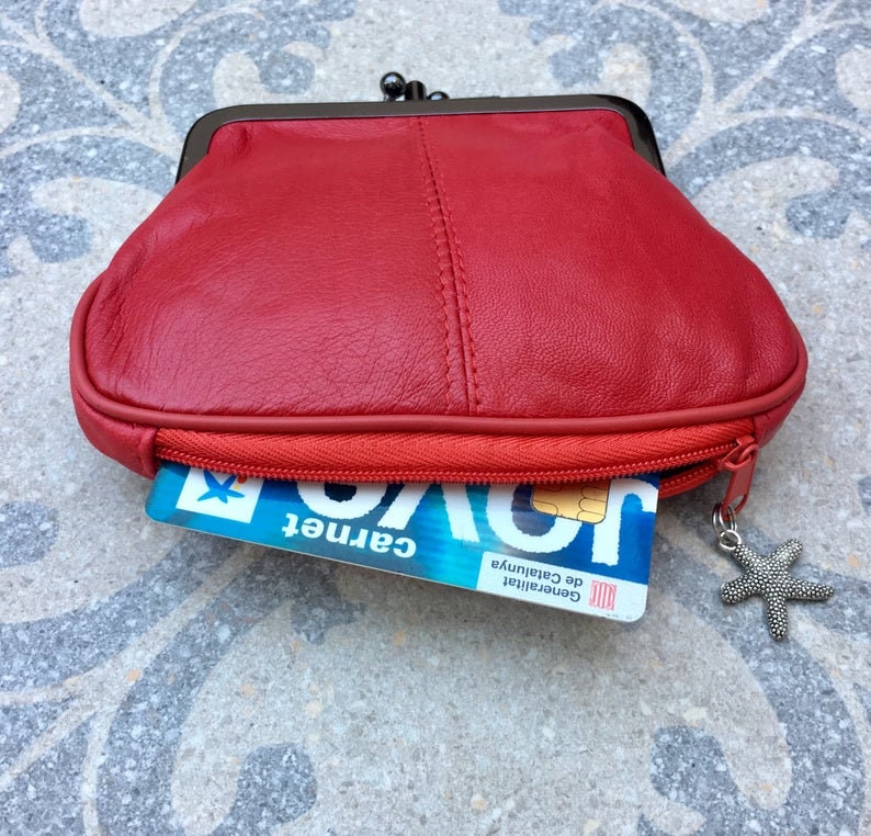 Kiss lock purse in DARK BROWN bills and a separate zipper for cards genuine leather BROWN purse Small vintage style wallet for coins