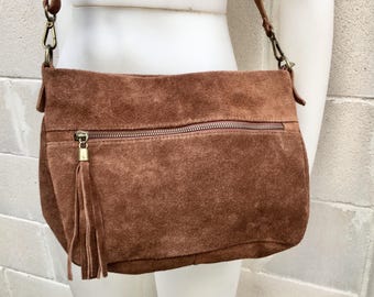 BOHO  suede leather bag in camel BROWN. Soft genuine leather bag with tassel. Brown cross over bag,boho bag, crossbody bags in brown.