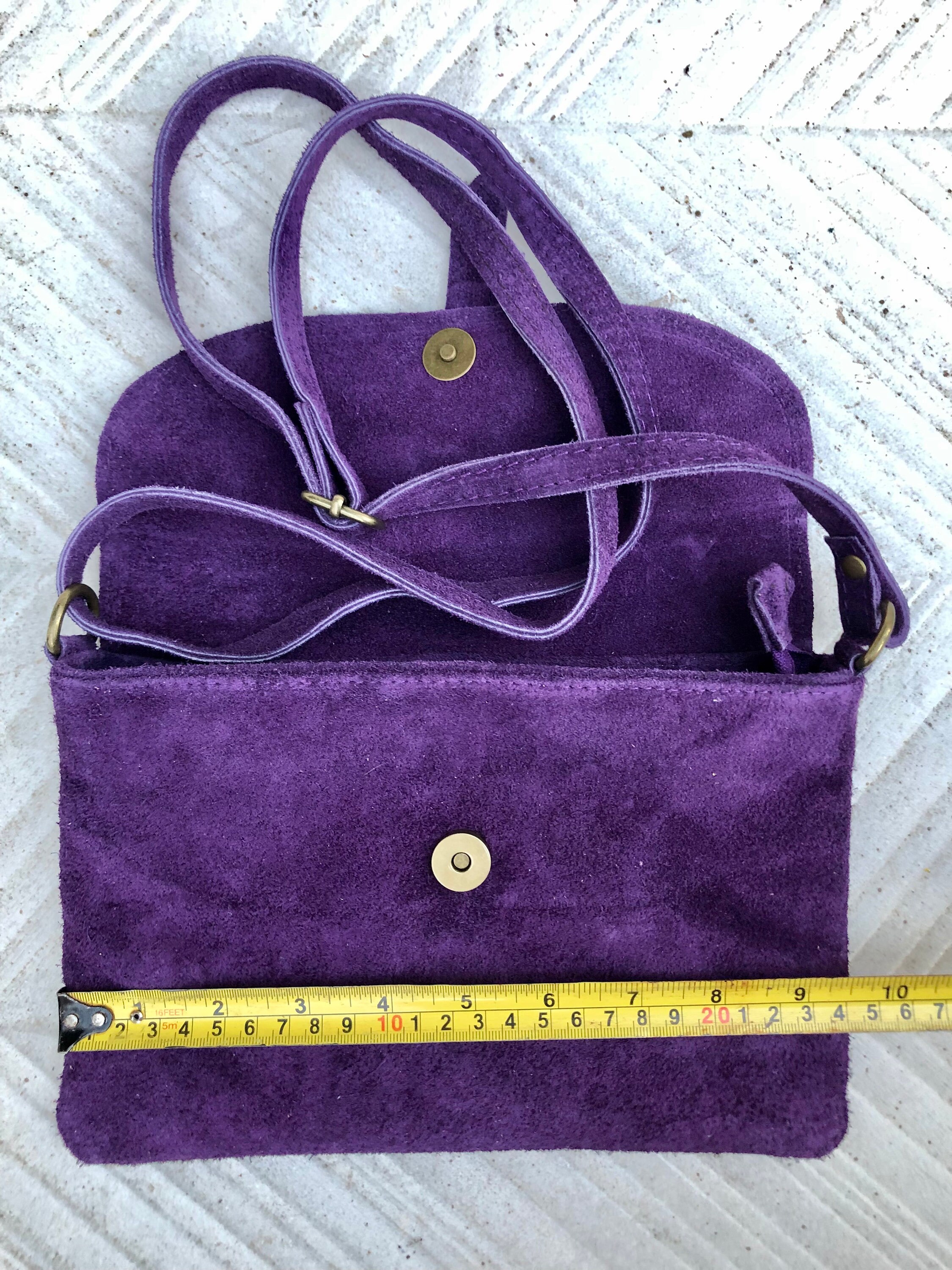 Suede Leather Bag in PURPLE. GENUINE Leather Crossbody Bag. 