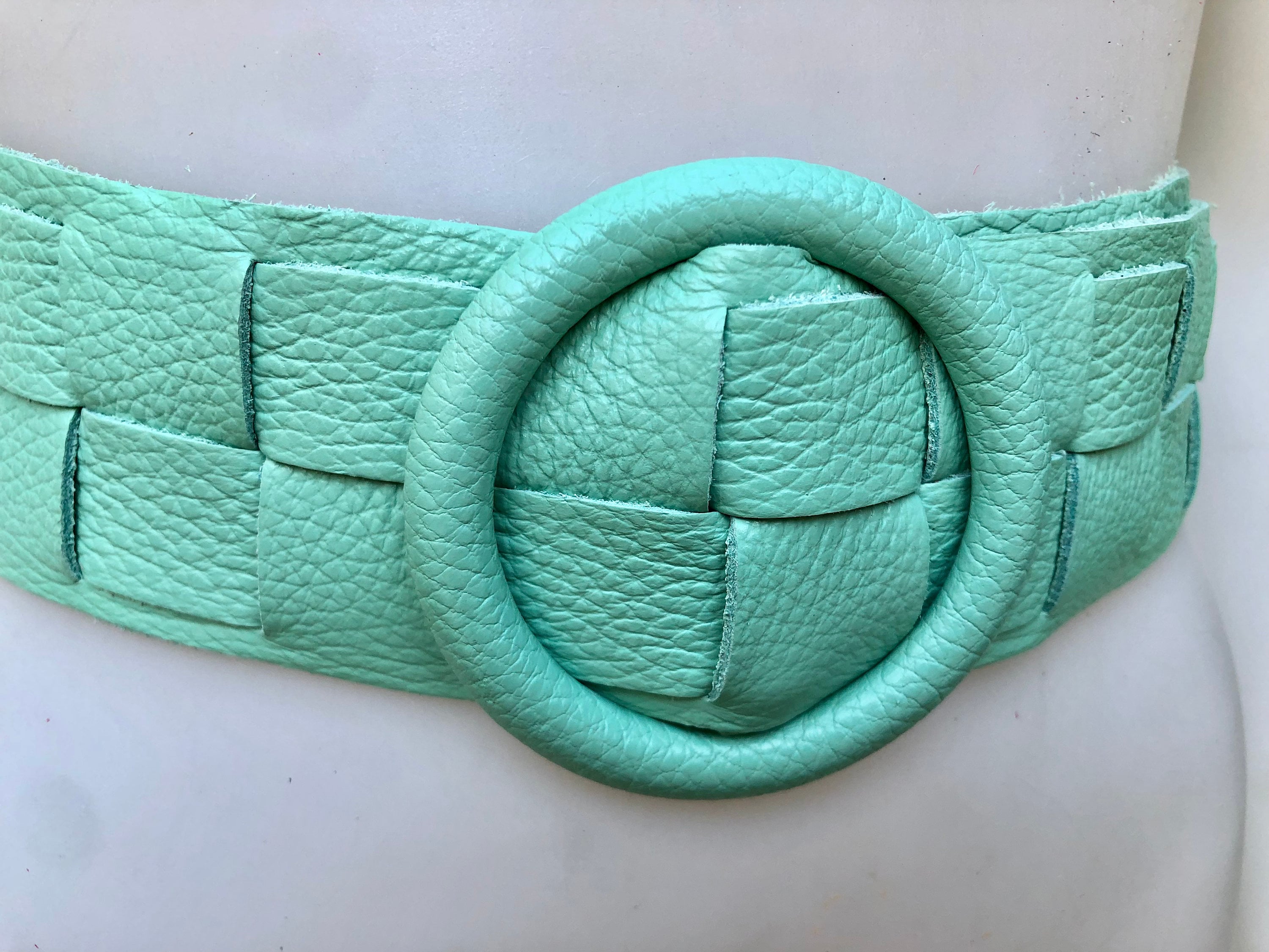 Light Aqua Green Leather Belt with Jewel and Crystal Buckle 60s 70s Skinny Aqua Bright Blue Green Retro Leather Belt  main image 3