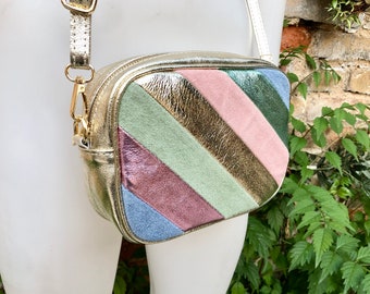 Metallic shine leather bag in GOLD, pink, green and blue. Reversible cross body / shoulder bag in GENUINE leather. Adjustable  strap.