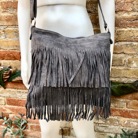 Dark GRAY Cross Body Fringed Bag. Gray Boho Suede Leather  display picture 3