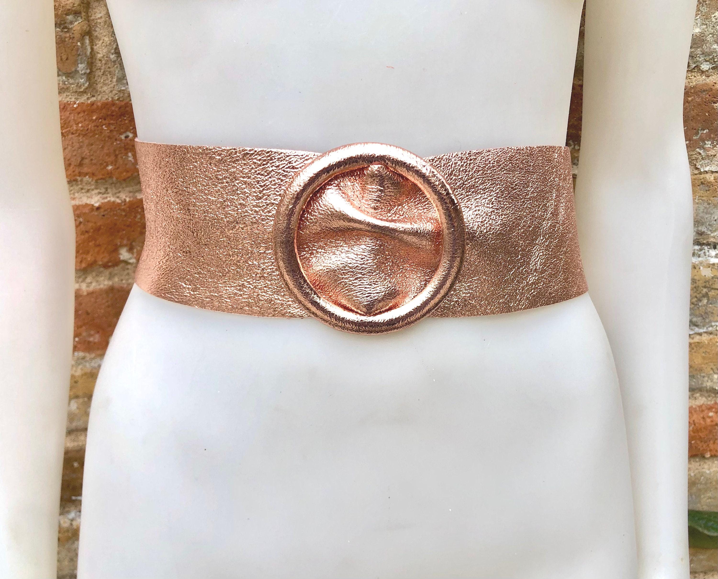 rose gold belt for dress Pink metallic leather waist with large round buckle. Soft leather belt in gold. Boho glitter genuine leather belt.Pink waist belt Wedding dress