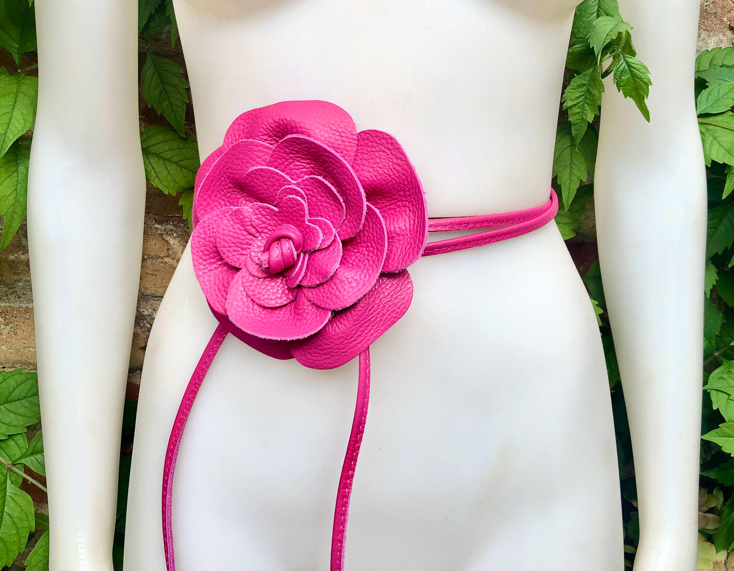 Pink Floral Leather Waist Belt with large Flower Flower Leather Belt in Hot Pink. Waist, Overall or Dress  main image 4