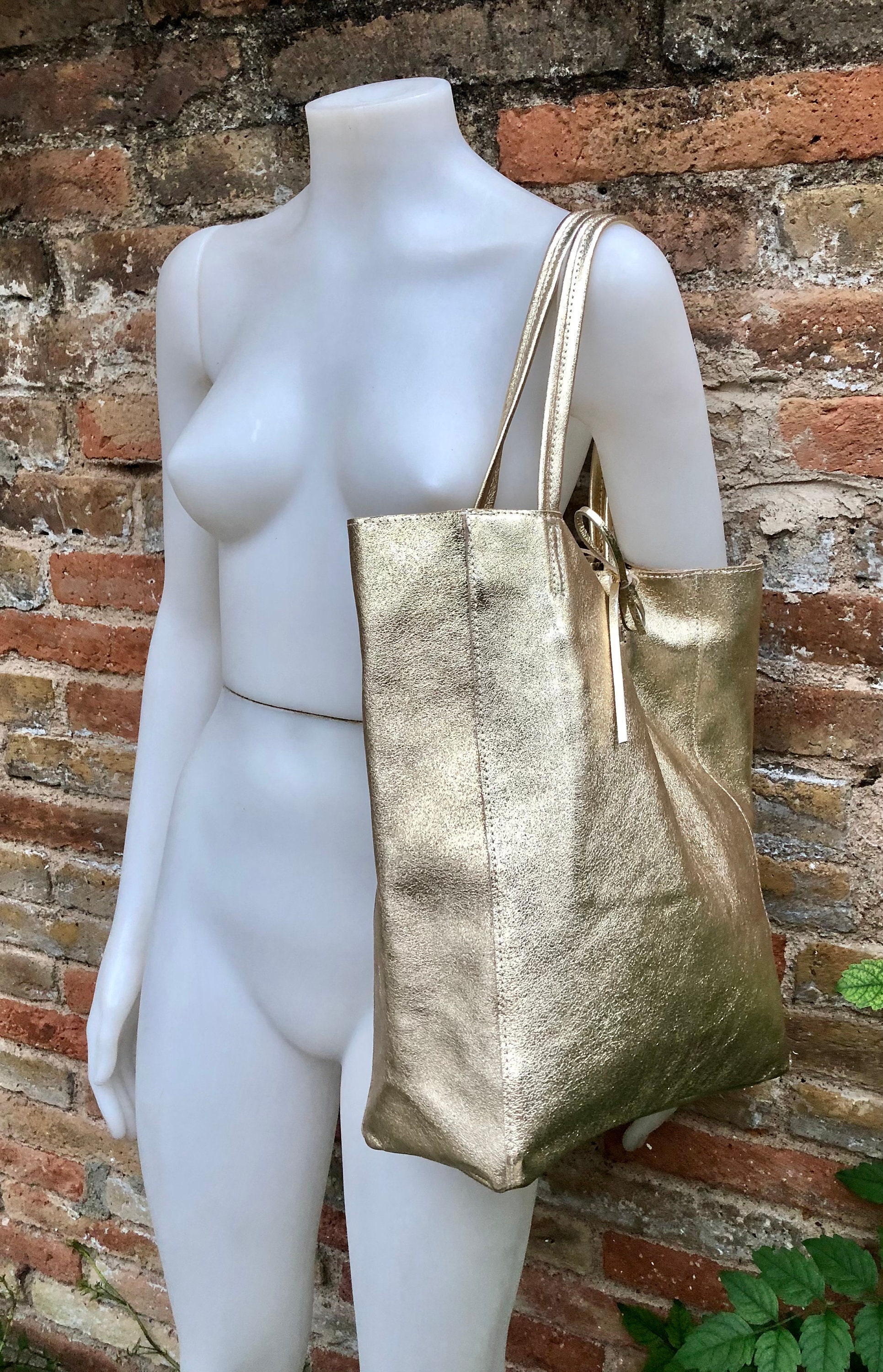 Tote Leather Bag in GOLD. Leather Shopper in Natural GENUINE