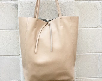 Beige TOTE leather bag. Soft GENUINE leather bag. Large beige leather bag. Laptop, tablet bag, leather bag for books. Beige leather shopper