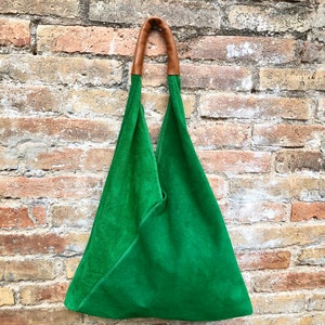 Slouch leather bag in GREEN . Large shoulder leather bag. Boho bag. Laptop bags in suede. Large suede leather bag. GREEN suede bag.