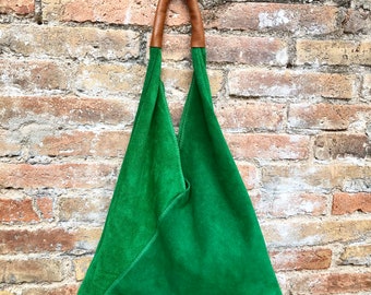 Slouch leather bag in GREEN . Large shoulder leather bag. Boho bag. Laptop bags in suede. Large suede leather bag. GREEN suede bag.