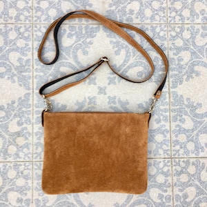 Suede leather bag in  CAMEL brown. Cross body bag, shoulder bag in GENUINE  leather. Small leather bag with adjustable strap and zipper.