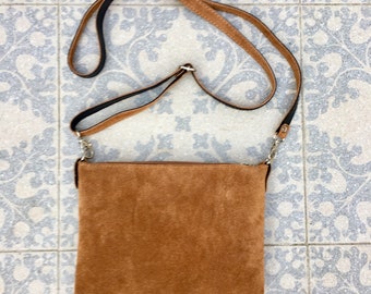 Suede leather bag in  CAMEL brown. Cross body bag, shoulder bag in GENUINE  leather. Small leather bag with adjustable strap and zipper.