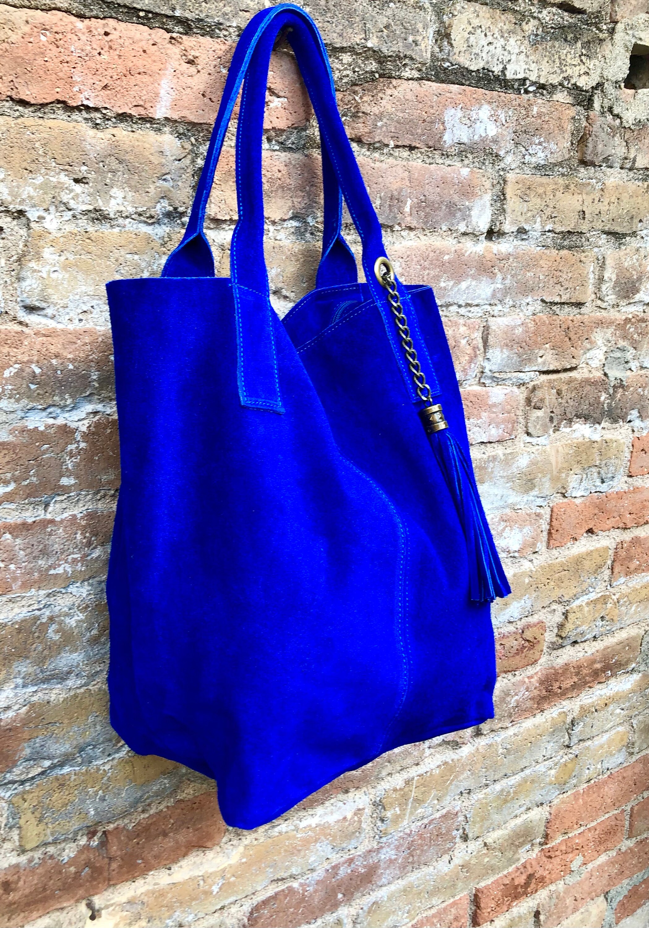 Cobalt BLUE Leather Shopper Bag in Genuine Suede. Slouchy BLUE Carry ...