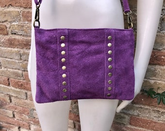 Cross body bag. Boho suede leather bag in PURPLE with bronze color tacks. Messenger bag in genuine suede leather. PURPLE crossbody bag