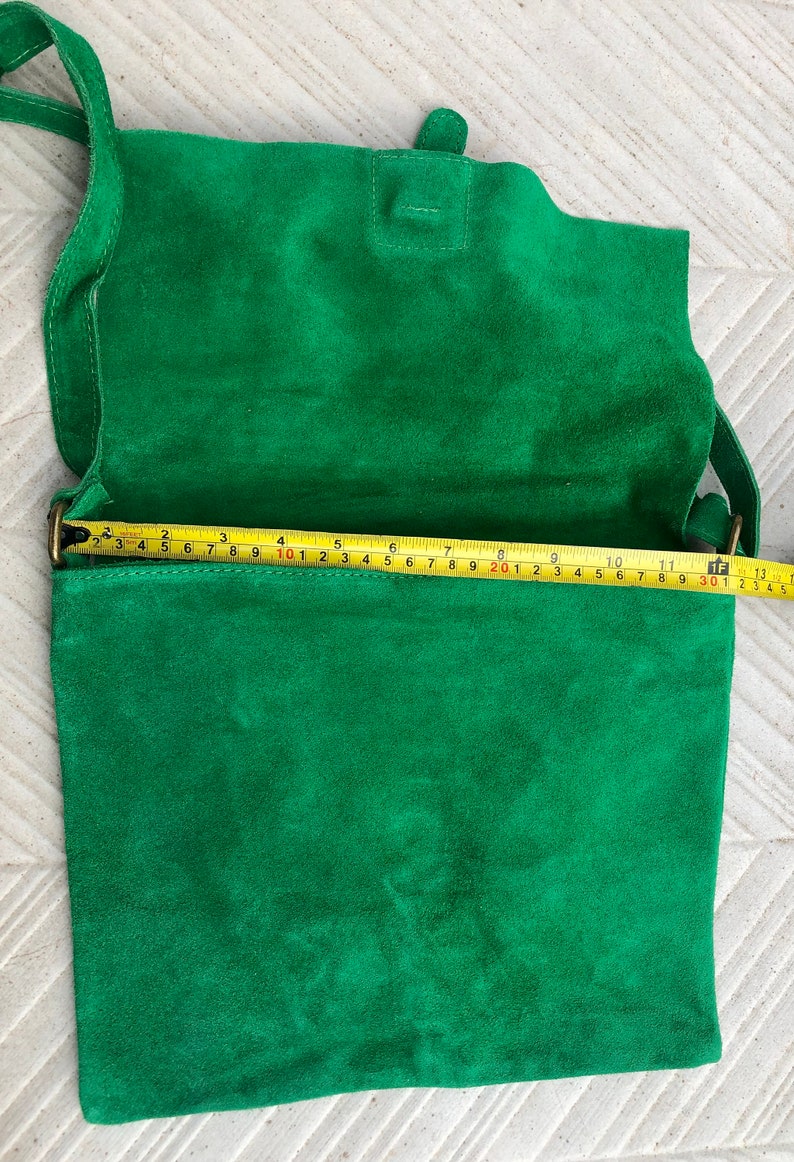 GREEN suede leather bag. Soft natural suede, genuine leather bag. Green messenger with zipper, flap and adjustable strap. image 6