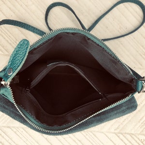 Small leather bag in teal BLUE-GREEN. Crossbody or shoulder bag in GENUINE leather. Blue purse with adjustable strap, flap and zipper. image 10