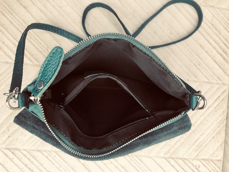 Small leather bag in teal BLUE-GREEN. Crossbody or shoulder bag in GENUINE leather. Blue purse with adjustable strap, flap and zipper. image 10