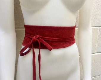 Dark RED suede OBI belt. Wrap belt in natural soft  suede. Waist  belt in BURGUNDY leather, Wine red sash, boho wraparound belt in dark red.