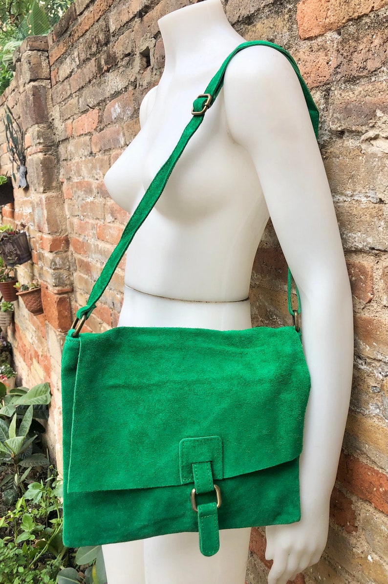 GREEN suede leather bag. Soft natural suede, genuine leather bag. Green messenger with zipper, flap and adjustable strap. image 3