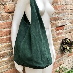 Large TOTE leather bag in GREEN with ZIPPER. Soft natural suede genuine leather shopper. Bohemian bag. Green suede slouch bag. Carry all bag