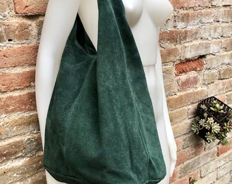 Large TOTE leather bag in GREEN with ZIPPER. Soft natural suede genuine leather shopper. Bohemian bag. Green suede slouch bag. Carry all bag