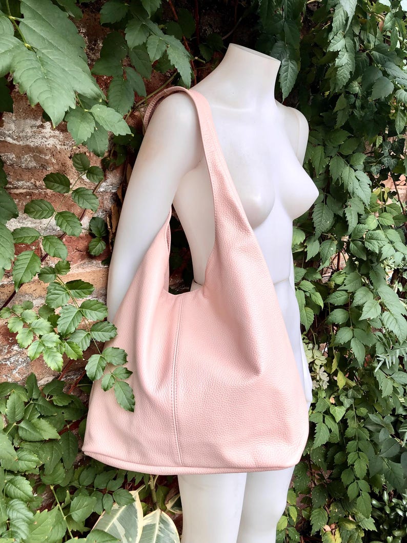 Slouch bag. Tote leather bag in light pink with ZIPPER. Soft genuine leather. Soft pink leather purse. Wide strap leather shoulder bag. image 2