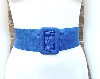 Royal blue leather waist belt with large buckle. Soft leather belt in cobalt. Genuine leather blue dress belt. Wide cobalt blue waist belt