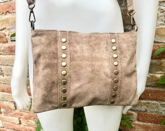 Crossbody bag. Taupe BROWN boho suede leather purse with bronze color tacks Genuine suede leather messenger bag. Light brown crossbody bag