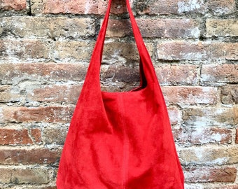 Slouch bag. Large TOTE leather bag in RED with ZIPPER. Soft natural suede leather bag. Leather shopper. Laptop or book bag. Red large bag