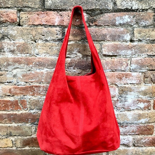 Slouch bag. Large TOTE leather bag in RED with ZIPPER. Soft natural suede leather bag. Leather shopper. Laptop or book bag. Red large bag