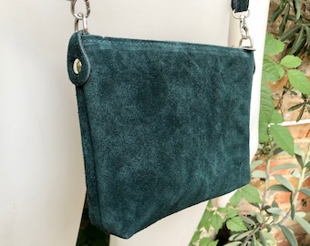 TEAL BLUE -grüne Wildledertasche. Umhängetasche / Umhängetasche. Kleine ECHT Ledertasche mit verstellbarem Trageriemen + Reißverschluss. Petrolblaue Geldbörse