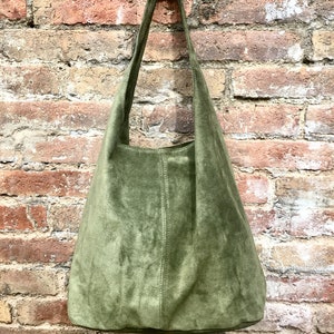 Large tote leather bag in moss GREEN. Slouch leather bag with ZIPPER. Leather shopper,  laptop bag in suede leather bag.GREEN suede bag.