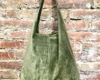 Large tote leather bag in moss GREEN. Slouch leather bag with ZIPPER. Leather shopper,  laptop bag in suede leather bag.GREEN suede bag.