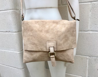 BOHO suede messenger leather bag in light BEIGE. Cross body bag in BEIGE suede. Soft genuine leather messenger bag. School bags