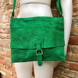 GREEN suede leather bag. Soft natural suede, genuine leather bag. Green messenger with zipper, flap and adjustable strap. image 1