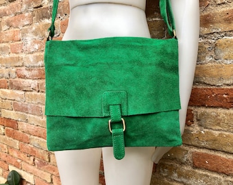 GREEN  suede leather bag. Soft natural suede, genuine  leather bag. Green messenger with zipper, flap and adjustable strap.