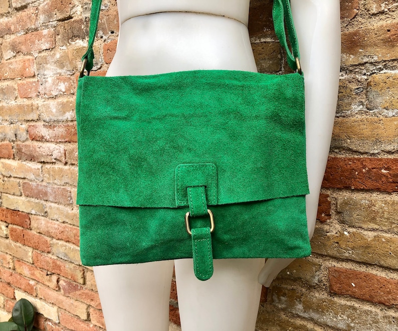 GREEN suede leather bag. Soft natural suede, genuine leather bag. Green messenger with zipper, flap and adjustable strap. image 1